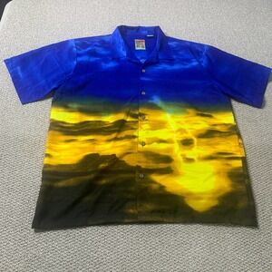 Pineapple Connection Mens Shirt Size Large Blue Yellow Sunset Button Up Hawaiian